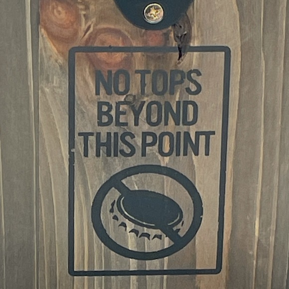 Bottle Top Opener and Bin, No Tops Beyond This Point, Wood - Picture 2 of 5